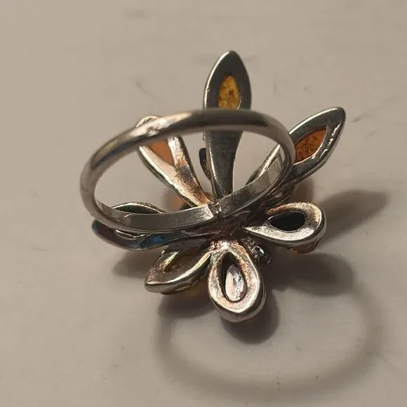 Sterling Silver Baltic Amber Floral Sunburst Multi Stone Cocktail Statement Ring
